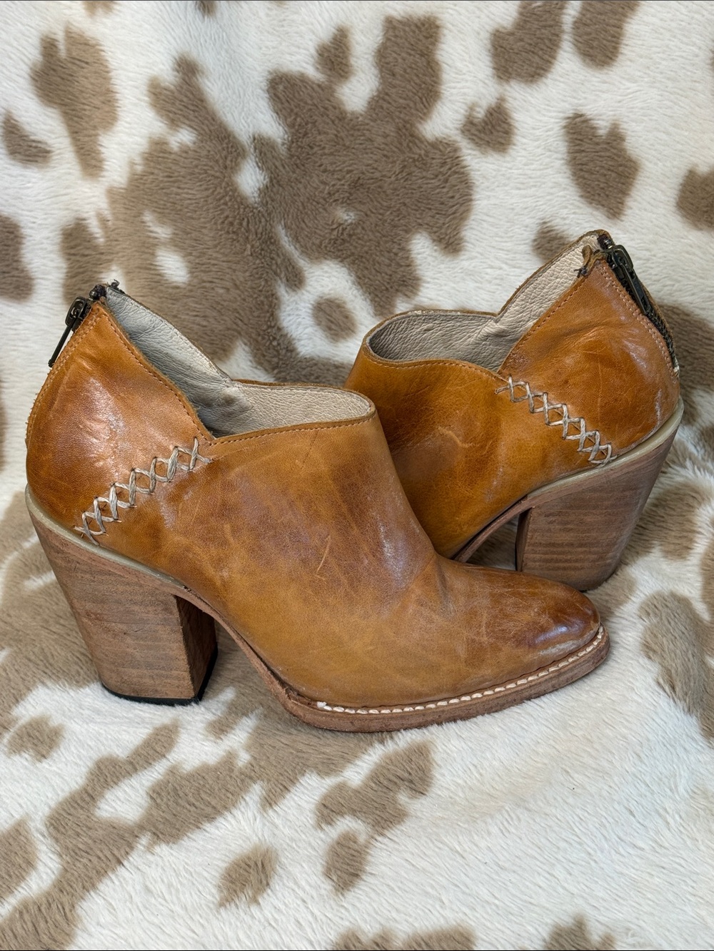 Freebird by Steven Cognac Leather Block Heel Ankle Booties